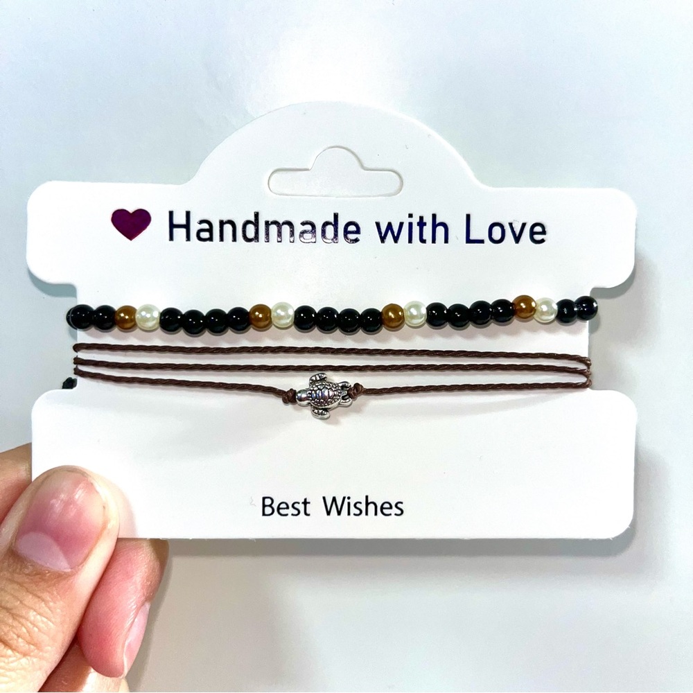 Handmade Beaded Bracelet Set with Black and Brown Accents